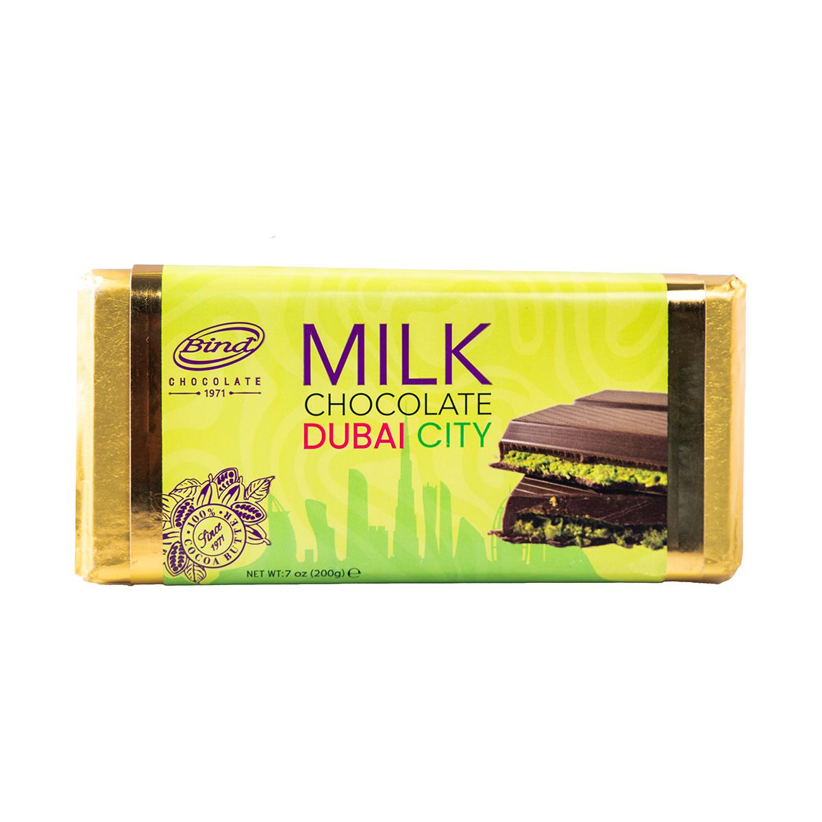 Dubai City Chocolate Slab 200g with Pistachio Filling – Milk Chocolate Bar featuring Dubai Landmarks